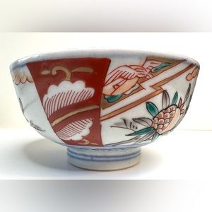 Antique Japanese Hand Painted Imari Footed Bowl 4.5” Diameter-White Red Blue